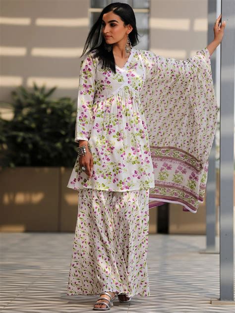 Buy Off White Printed Cotton A-Line Kurta With Sharara & Dupatta Online ...