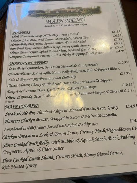 Menus - The Old Mill, Knitsley