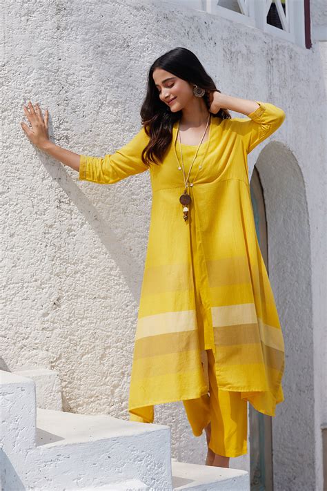 Buy Yellow A-Line Striped Jacket Online at Biba India