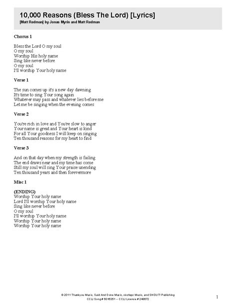 Matt Redman 10,000 Reasons (Bless The Lord) Lyrics PDF, 49% OFF