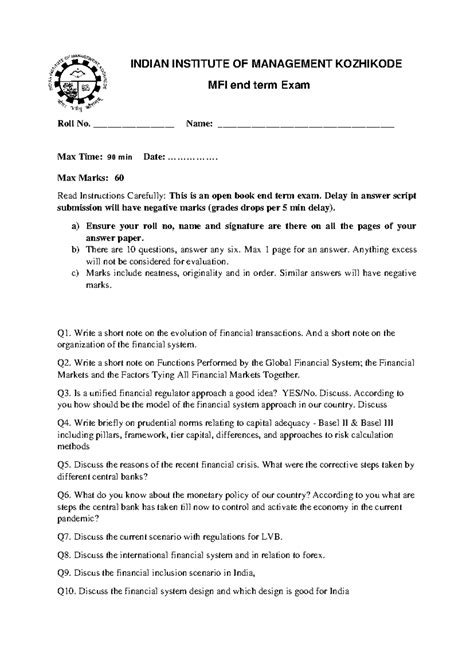 MFI end term exam QP - End Term Question Paper - INDIAN INSTITUTE OF ...