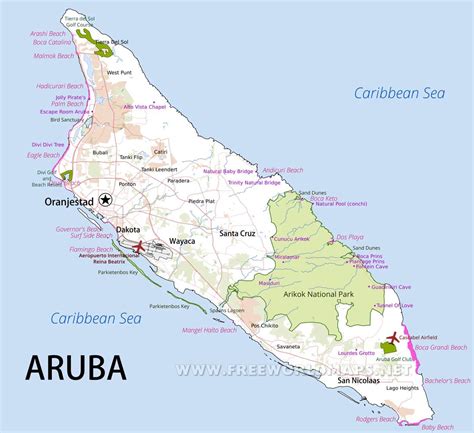 Aruba Map; Geographical features of Aruba of the Caribbean ...