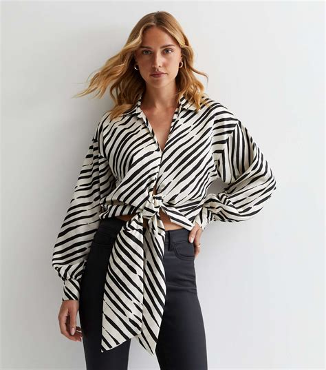 White Zebra Print Satin Tie Front Shirt | New Look