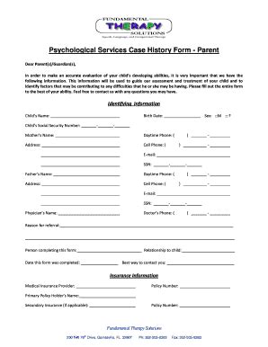 Psychological Services Case History Form - Parent - Blank Fillable ...