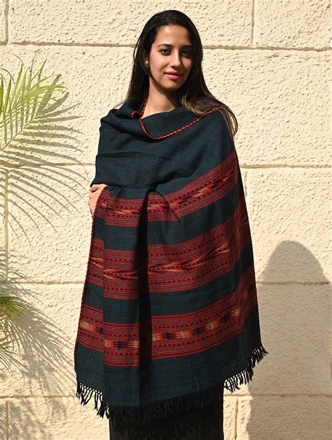 Buy Fine, Soft Himachal Self Striped Wool Shawl - 3 Panels, Deep Alpine ...