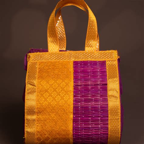 Purple & Yellow Korai Bag With Zari Border | Buy Tambulam bag! – Ikyem