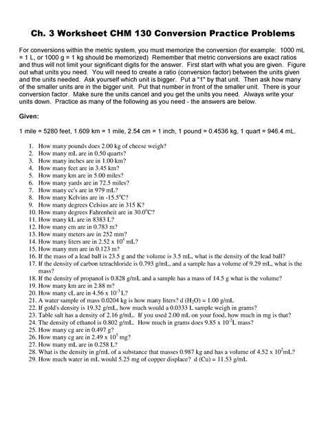 Dimensional Analysis Practice Problems Set 2 with Answers - Ch. 3 Worksheet CHM 130 Conversion ...