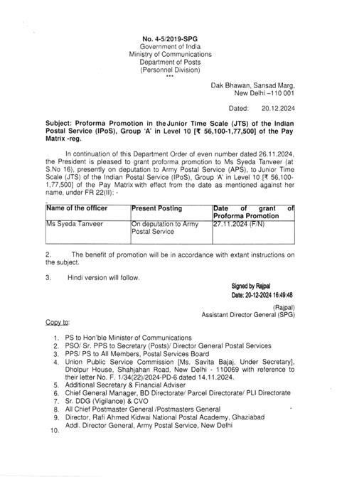 Proforma Promotion in the JTS of IPoS, Group A in Department of Posts