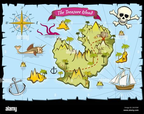 Vector pirate treasure color map. Pirate map and adventure sea, explore ...