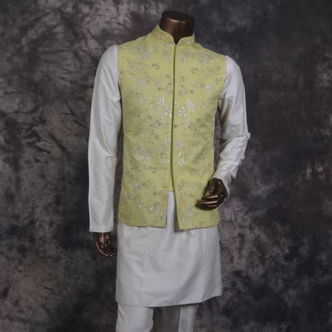 White Kurta with Light Yellow Jacket Set| Kaadambini