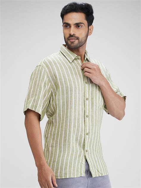 Colorplus Men Green Striped Regular Fit Half Sleeve Spread Collar Shir ...