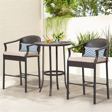 Winston Porter 3-piece Patio Bar Table Set, Outdoor Wicker Bar Height ...