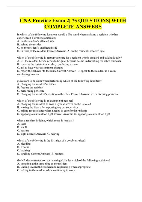 CNA Practice Exam 2| 75 QUESTIONS| WITH COMPLETE ANSWERS - CNA - Stuvia US