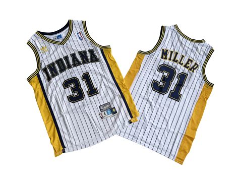 Pacers No. 31 white dark blue striped throwback jersey – Reggie. Miller ...