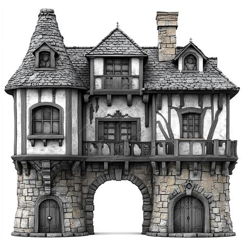 Front view building for a fantasy map black and white with white background | Premium AI ...