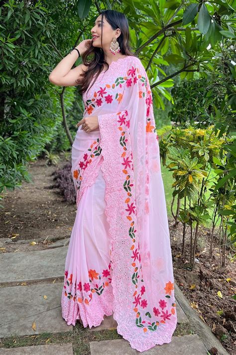 Buy Pink Embroidery Georgette Saree zb131135 | Saree Buta