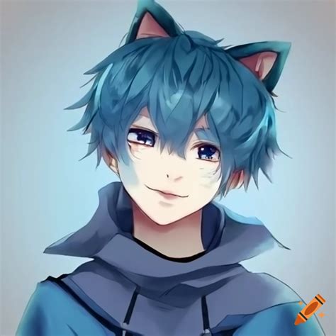 Anime illustration of a cat boy with blue hair on Craiyon