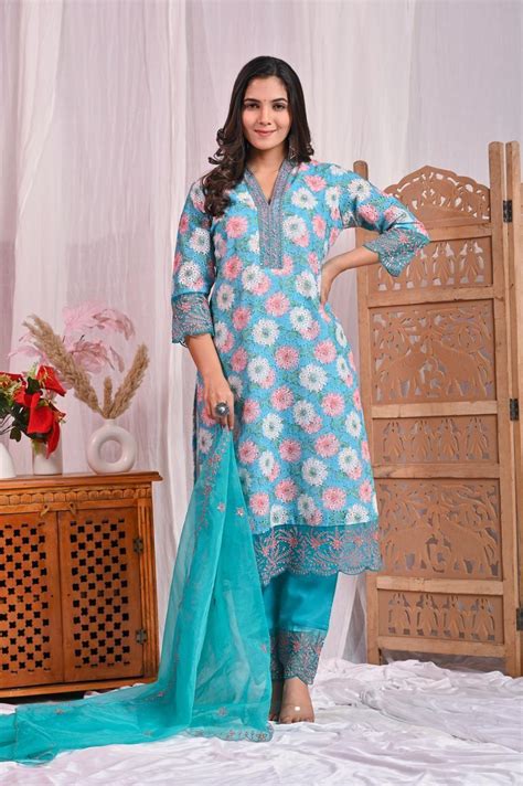 Cotton Schiffli Kurta Pant and Dupatta Set with Embroidery and Lack Wo ...