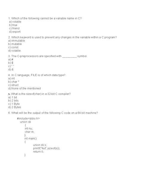Programming in c quiz without answer - 1. Which of the following cannot ...