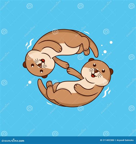 Cute Cartoon Otter Couple Holding Hands. Kawaii Little Otters in Love ...