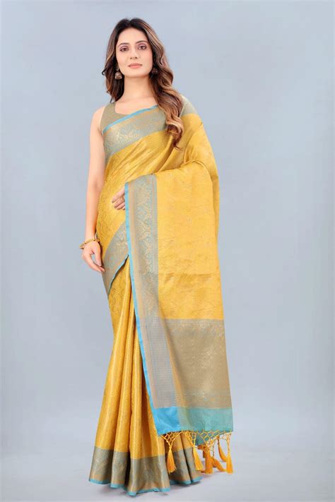 Silk Zone Women's Kanjeevaram Silk Woven Design Yellow Saree