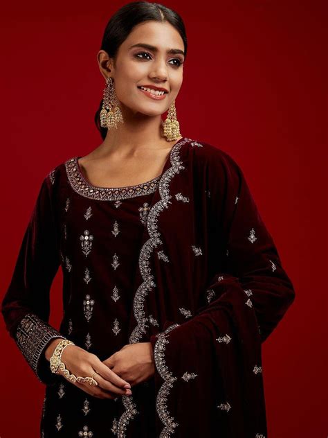 Buy Libas Art Purple Embroidered Velvet Straight Suit With Dupatta ...