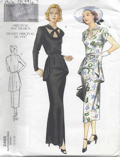 1947 Vintage VOGUE Sewing Pattern B34"- 36"-38" DRESS (R394) By VOGUE ...