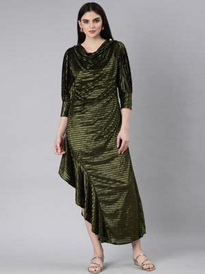 Buy SHOWOFFFF Women Cowl Neck Three Fourth Sleeves Embellished Olive ...