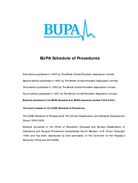Fillable Online BUPA Schedule of Procedures - Cambridge Vascular Access ...