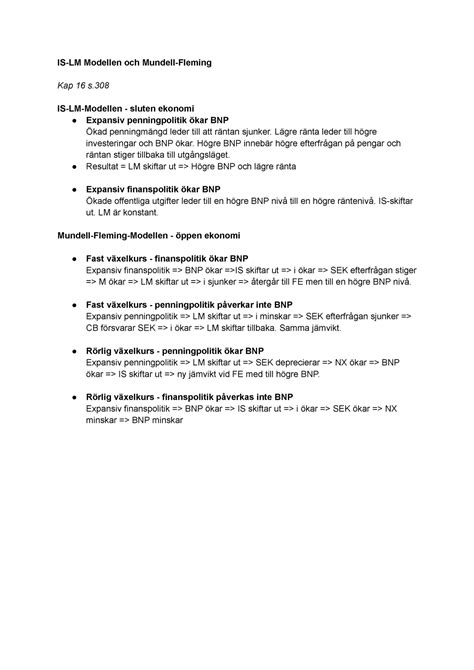 IS-LM + Mundel Flemming - IS-LM Modellen och Mundell-Fleming Kap 16 s ...