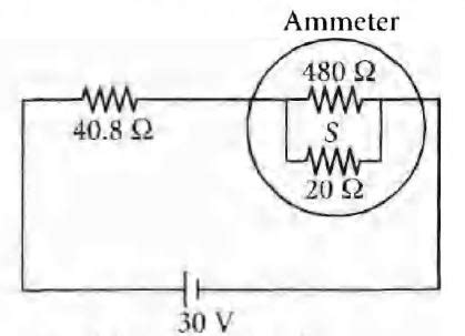 A circuit contains an ammeter, a battery of 30 V and a resistance 40.8 ...