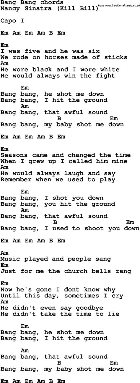 Song lyrics with guitar chords for Bang Bang