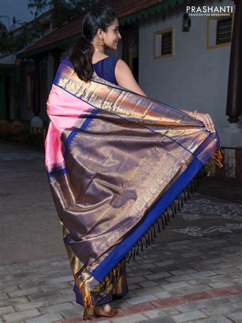 Pa - Pure kanjivaram silk saree baby pink and navy blue with zari wove ...