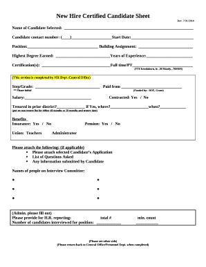 New Hire Certified Candidate Sheet Doc Template | pdfFiller