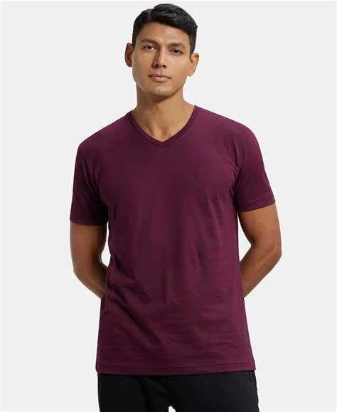 Buy Super Combed Cotton Rich Solid V Neck Half Sleeve T-Shirt - Wine ...