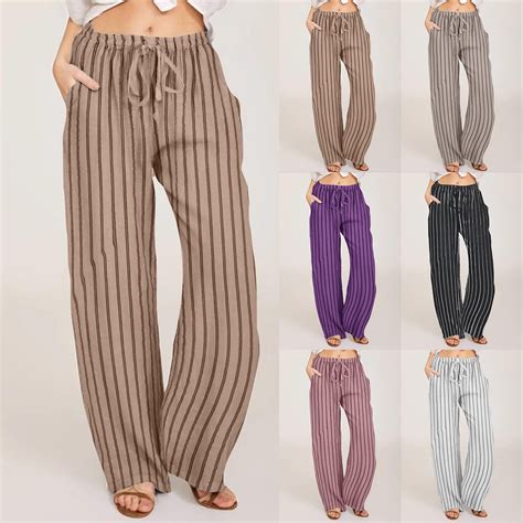 DDAPJ pyju Women Y2k Striped Wide Leg Pants Casual Linen Drawstring ...