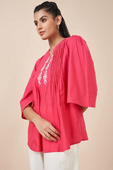 Pink Embroidered Cotton V-Neck Women Regular Fit Tunics - Selling Fast ...