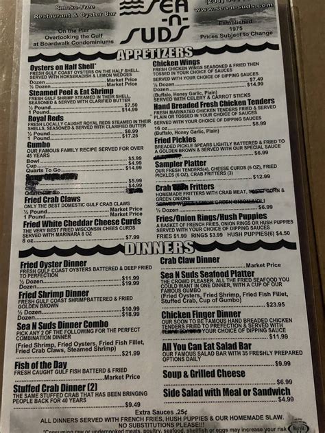 Menu at Sea N Suds restaurant, Gulf Shores