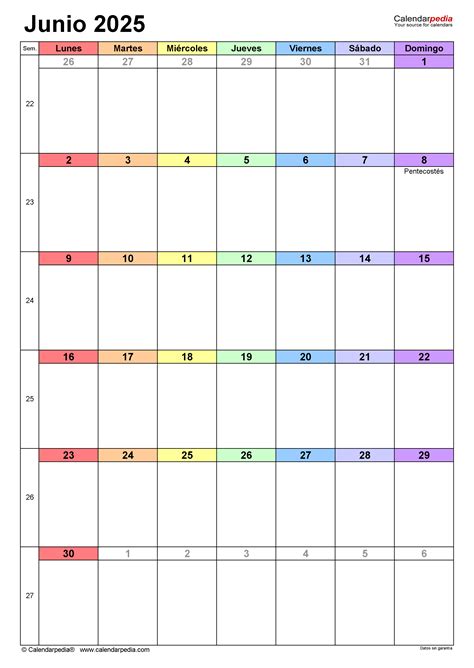 Calendario junio 2025 en PDF, Excel y Word | Calendarpedia