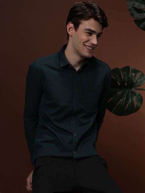 Buy Deep Teal Blue Striped Full Sleeve 100% Cotton Shirt – Crocodile