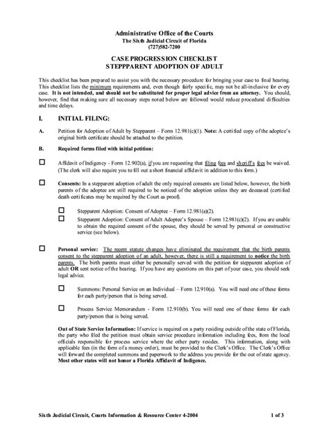 FL Case Progression Checklist Stepparent Adoption Form - Fill Online ...