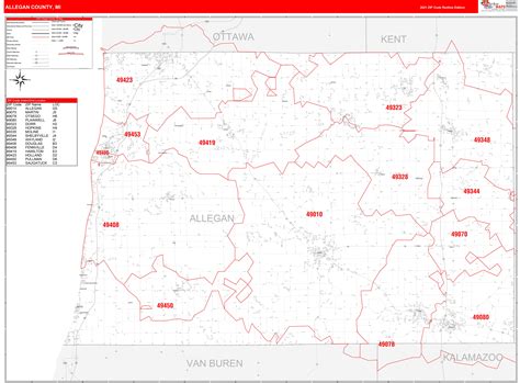 Allegan County, MI Zip Code Wall Map Red Line Style by MarketMAPS ...