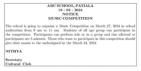 You are Nithish / Nithya , Cultural Secretary of ABC school. Draft a ...
