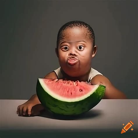 An African Down syndrome eating watermelon on Craiyon