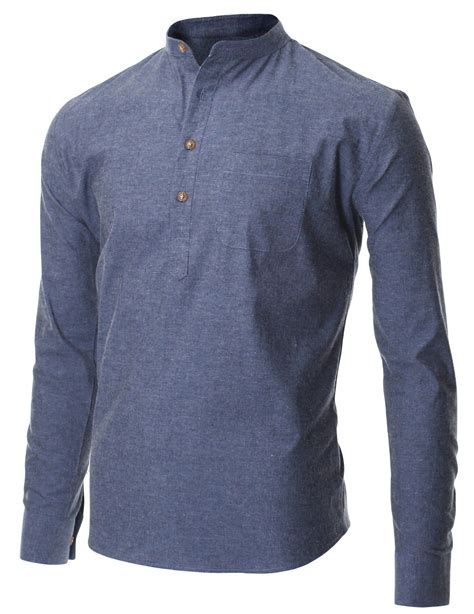 FLATSEVEN Men's Casual Mandarin Collar Popover Shirt: Amazon.co.uk ...
