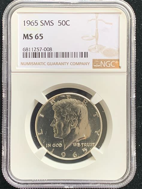 1965 KENNEDY HALF DOLLAR COIN, NGC GRADED SMS MS 65, IN THE SLAB ...