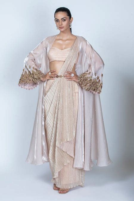 Buy Peach Shimmer Pleated Hand Embroidered Detailed Pre-draped Saree ...