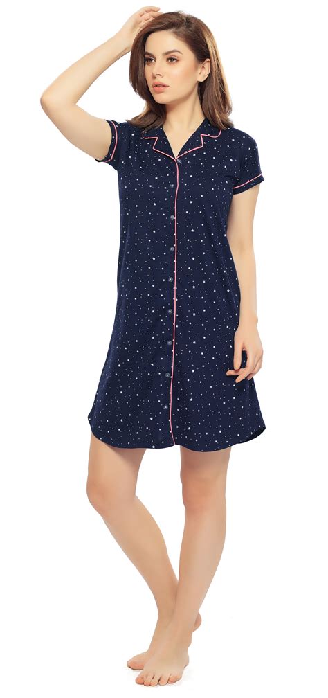 ZEYO Women Cotton Night Dress Navy Blue Star Print Short Nighty