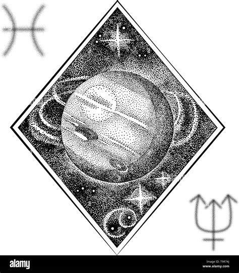 Neptune. Hand drawn illustration in dotwork style with astrological ...