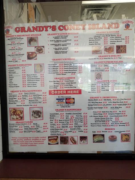 Menu at Grandy's Coney Island fast food, Detroit, Holbrook Ave
